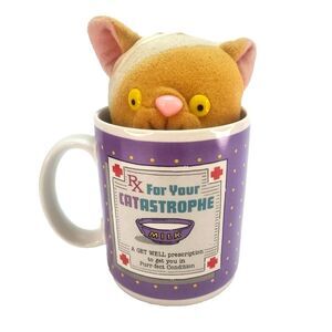Enesco RX Catastrophe Mug With Cat Plush In Cast bandage vtg Nurse Doctor Gift